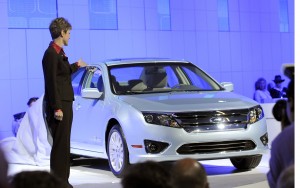 Ford expects to report a jump in July sales, its first since November 2007, in part due to demand for vehicles like the 2010 Ford Fusion Hybrid, shown during its unveiling, at the L.A. Auto Show