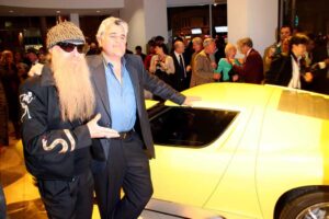 Collectors converge: ZZ Top's Billy Gibbons and Jay Leno and a classic Lamborghini Miura.